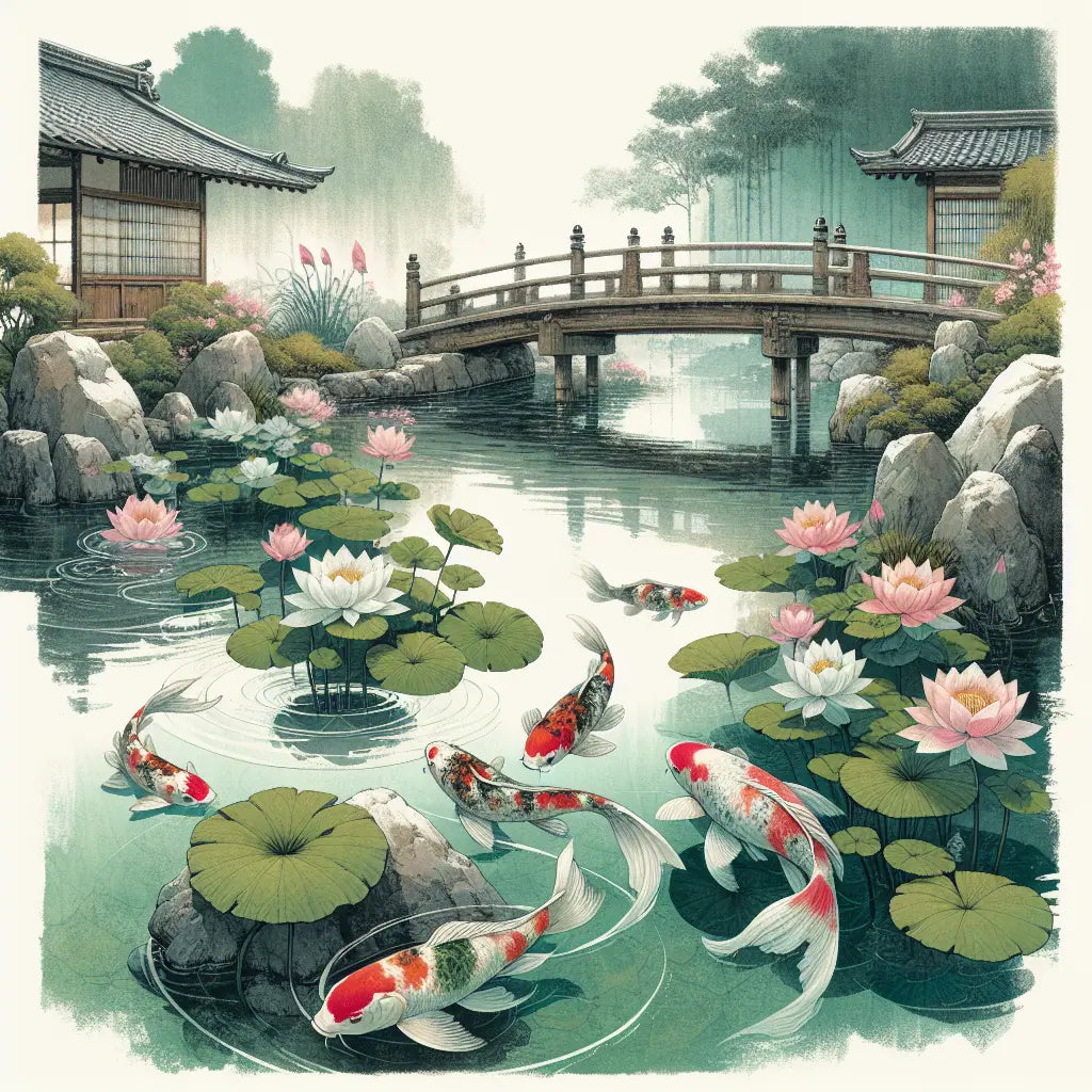A tranquil Japanese koi pond with colorful koi fish swimming gently among lotus flowers under soft morning light, embodying calm and traditional elegance.