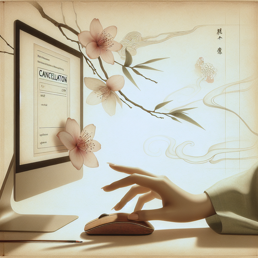 A minimalist Japanese-inspired digital artwork showing a gentle hand clicking a simple mouse beside a muted screen with a calm cancellation message, surrounded by soft pastel tones and subtle cherry blossom motifs for a serene atmosphere.