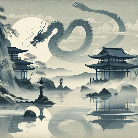 A delicate sumi-e style serpentine dragon weaving through mist and clouds over a tranquil Japanese landscape with ancient shrines and flowing rivers at twilight, evoking serene traditional beauty.