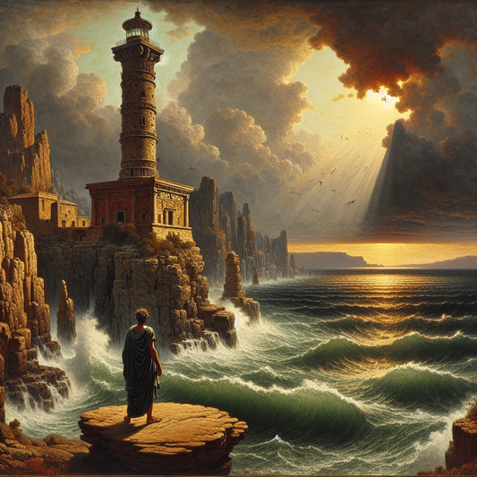 Ancient Roman stone lighthouse standing firm on rocky shore amidst stormy sea, with a calm toga-clad figure nearby symbolizing Stoic resilience and inner peace in a cinematic 1960s epic painting style.