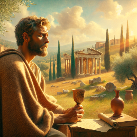 A calm Roman philosopher in a woolen toga holding a glass of wine, standing thoughtfully amid serene natural surroundings with Roman ruins and olive trees, evoking Stoic mindfulness.