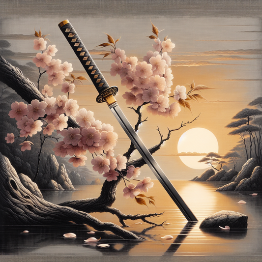 A traditional Japanese katana sword shining gently beneath cherry blossoms at sunset, surrounded by drifting pink petals and a serene natural background, symbolizing samurai honor and spirit.