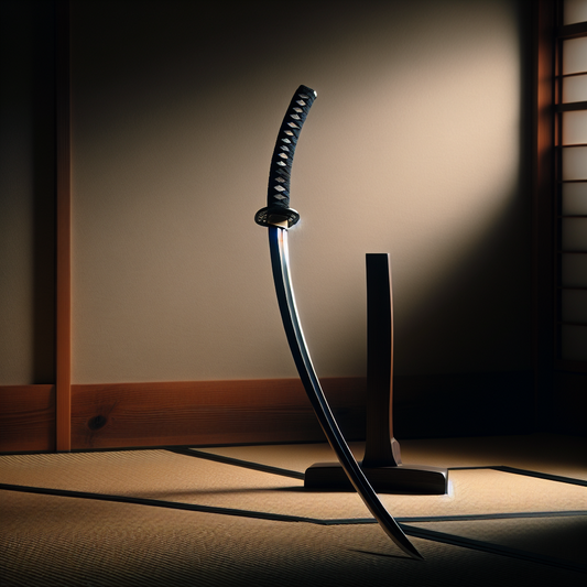 A traditional Japanese katana sword resting on a wooden stand with soft dramatic lighting highlighting its polished blade and ornate handle, evoking samurai spirit and exquisite craftsmanship.