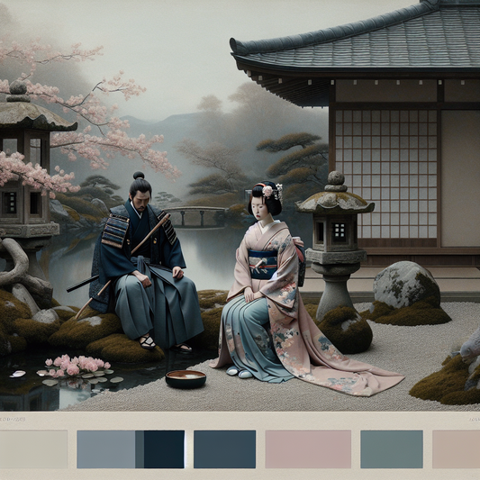 Two traditional Japanese figures in muted kimono beside a stone lantern and koi pond with cherry blossom petals, in a quiet, minimalist setting conveying subtle affection and balance.