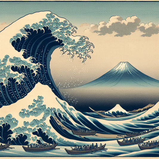 A traditional Japanese ukiyo-e style wave shaped like claws looming over fragile boats with Mount Fuji calmly in the cloudy background, in vivid blue and white tones.