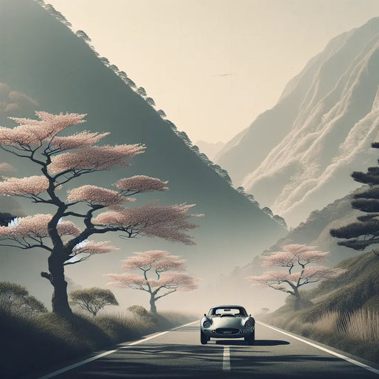 Minimalist scene of a vintage 1960s Japanese sports car driving along a quiet mountain road lined with cherry blossoms in soft pastel pink, evoking calm and nostalgic beauty.