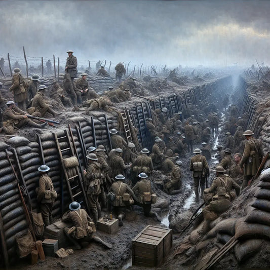 Soldiers in muddy trenches under gloomy grey-blue skies with wartime graffiti including the word Boche, evoking a moody emotional atmosphere in a cinematic vintage style.