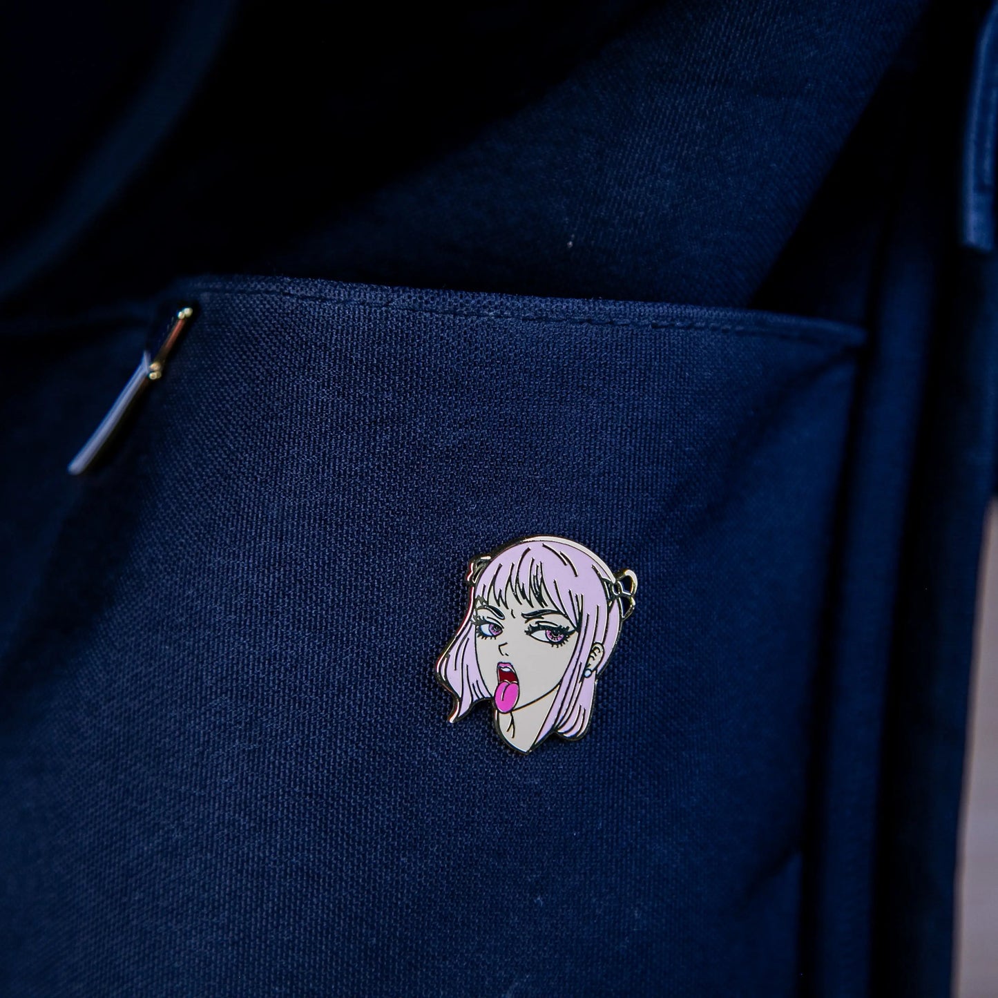 Cheeky Pink-Haired Anime Girl Enamel Pin – Ecchi - Tongue out Signum