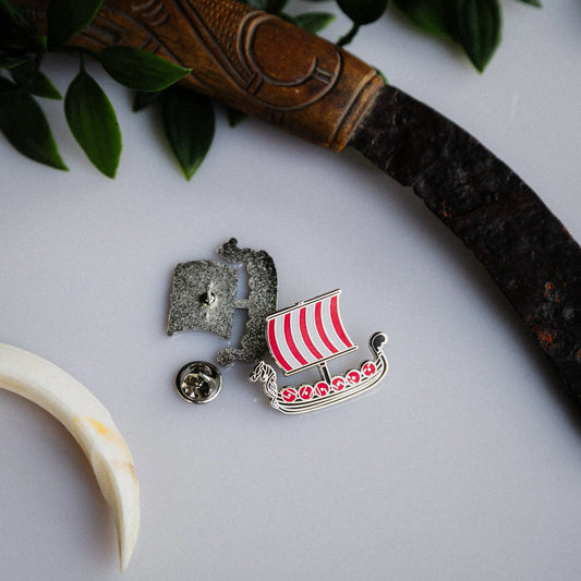 Viking Longship Enamel Pin – Sail & Shield Design Signum