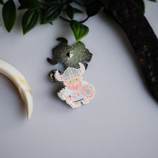 Cartoon Viking Enamel Pin – Shield & Axe Signum