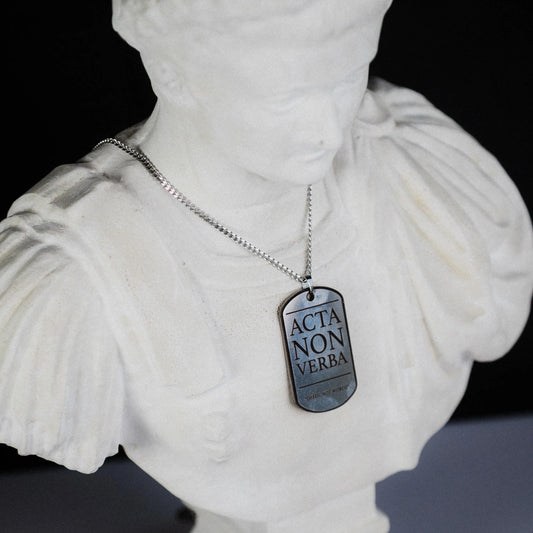 Stoic Dog Tag Necklace - Acta Non Verba, "Deeds, Not Words" Signum