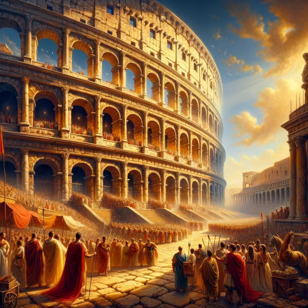 Majestic view of the Colosseum's arches with Roman civilians and soldiers, inspired by 1960s historical film style.