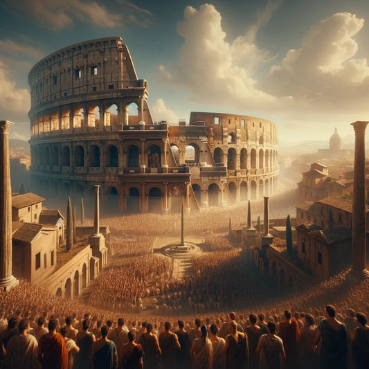Panoramic view of the Roman Colosseum surrounded by crowds, in 1960s historical epic style.