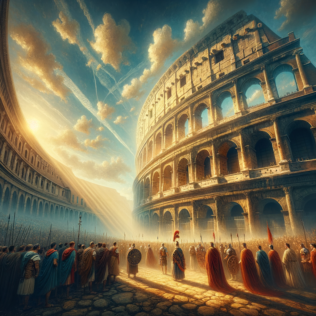 A cinematic painting of the Colosseum showcasing its ancient arches amidst modern Rome, reflecting its historical legacy and cultural impact.
