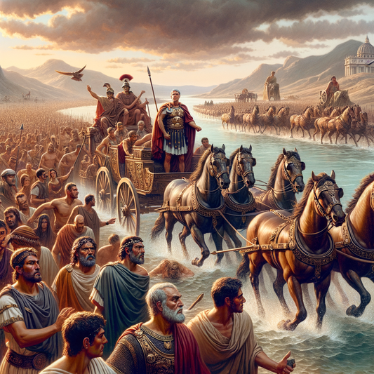 An artistic representation of Julius Caesar crossing the Rubicon with his troops, symbolizing a pivotal moment in Roman history.