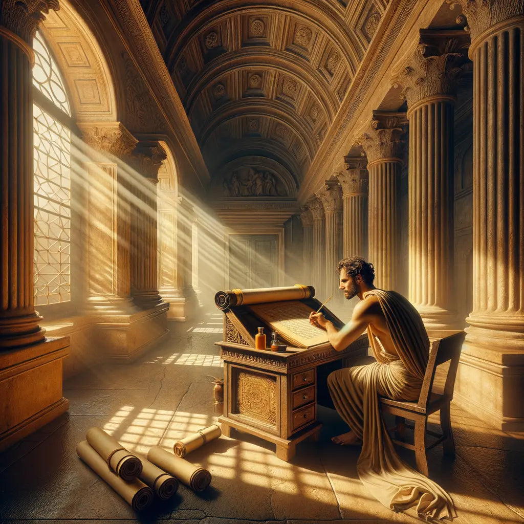Roman philosopher's wooden desk with an open journal and quill, with a philosopher seated in introspective thought, in cinematic 1960s historical epic style.