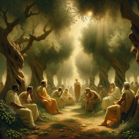 Ancient Stoic philosophers in a tranquil garden under olive trees, engaging in reflective discussions, styled like a 1960s historical epic.