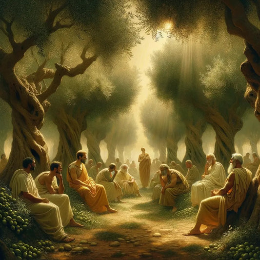 Ancient Stoic philosophers in a tranquil garden under olive trees, engaging in reflective discussions, styled like a 1960s historical epic.