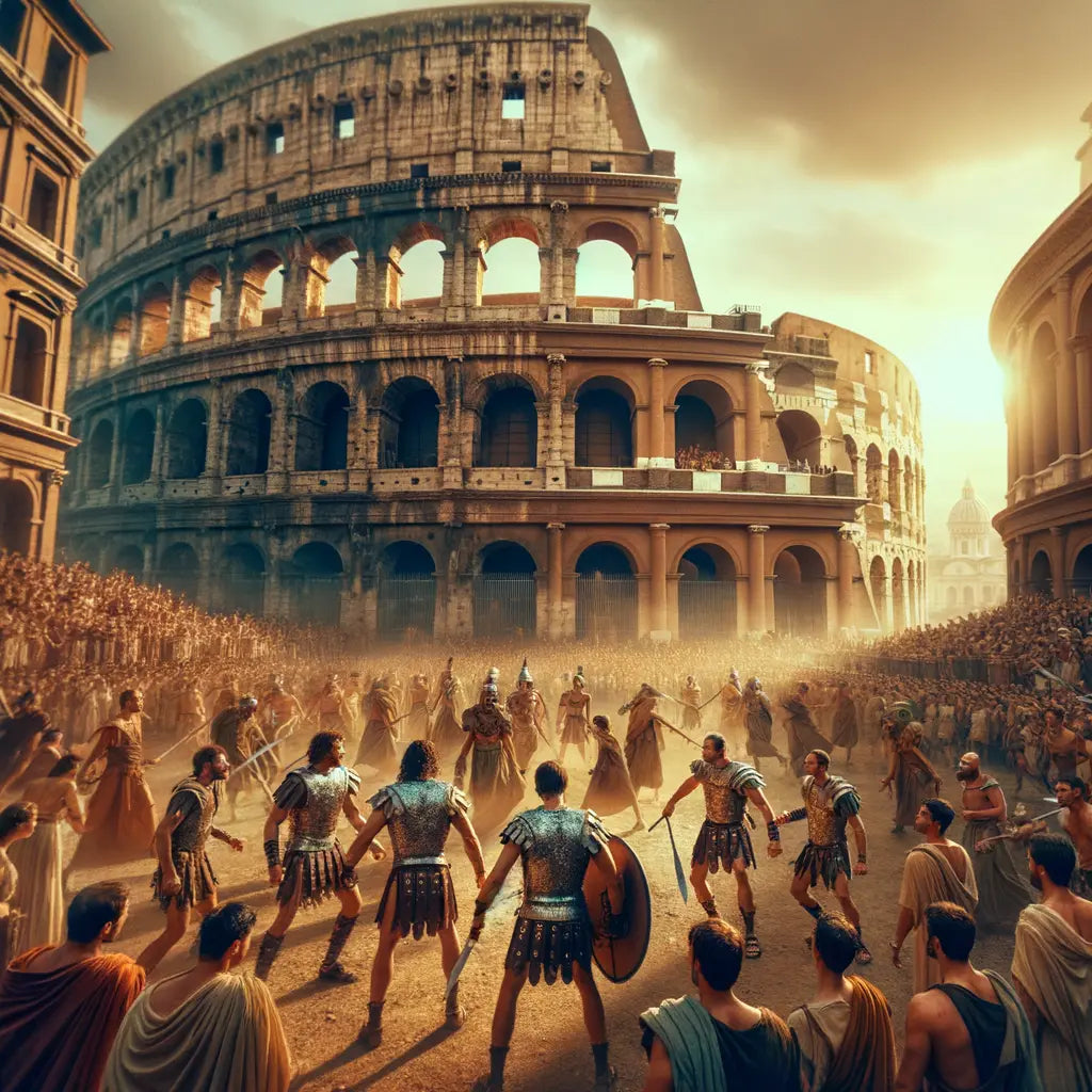 Gladiators preparing for battle in front of the Colosseum, surrounded by a lively ancient Roman crowd, in the style of 1960s cinematic epics.