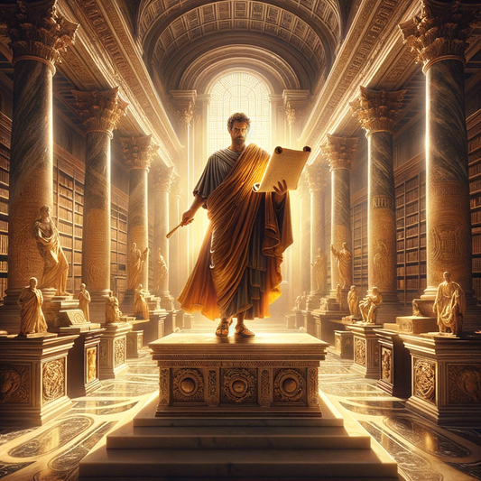 Roman Emperor Marcus Aurelius holding a scroll, surrounded by ancient Roman books and symbols, in a cinematic painting style reminiscent of classic 1960s historical films.