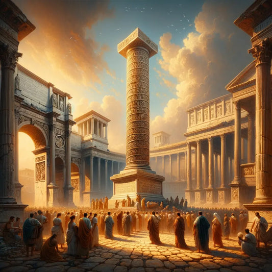 The Aurelius Column with intricate carvings in ancient Rome, surrounded by classic Roman architecture and toga-clad figures, styled like a 1960s historical epic.