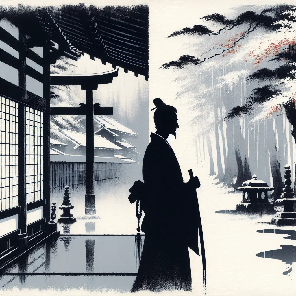 Minimalist Japanese ink style depiction of Akira Fudo showing his half-human half-demon form with gentle contrasts of light and shadow amidst sparse traditional elements.