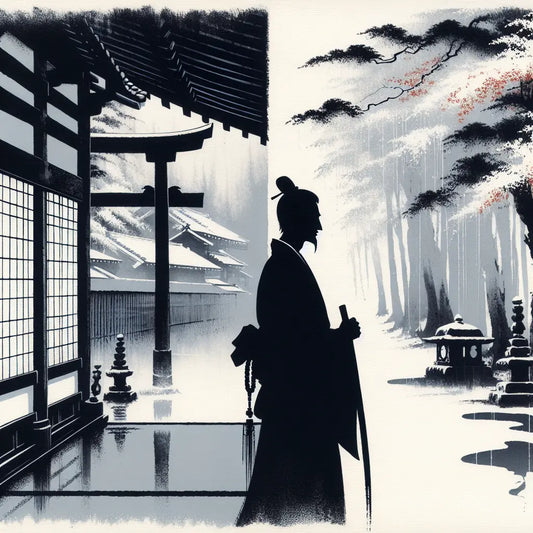 Minimalist Japanese ink style depiction of Akira Fudo showing his half-human half-demon form with gentle contrasts of light and shadow amidst sparse traditional elements.