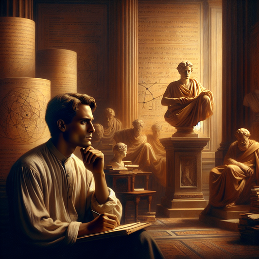 A cinematic oil painting of Albert Einstein reflecting quietly in a classical study, surrounded by Stoic symbols like scrolls, and busts of Socrates and Marcus Aurelius, blending science and ancient philosophy.
