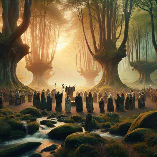 Druids performing rituals at dawn in a misty ancient Celtic forest with sacred trees and natural springs, painted in a warm, cinematic historical epic style.