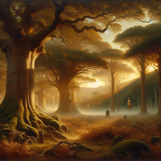 Misty ancient oak forest at dawn with faint ethereal Gaelic god figures blending into the trees, illuminated by soft golden light in a serene natural grove.