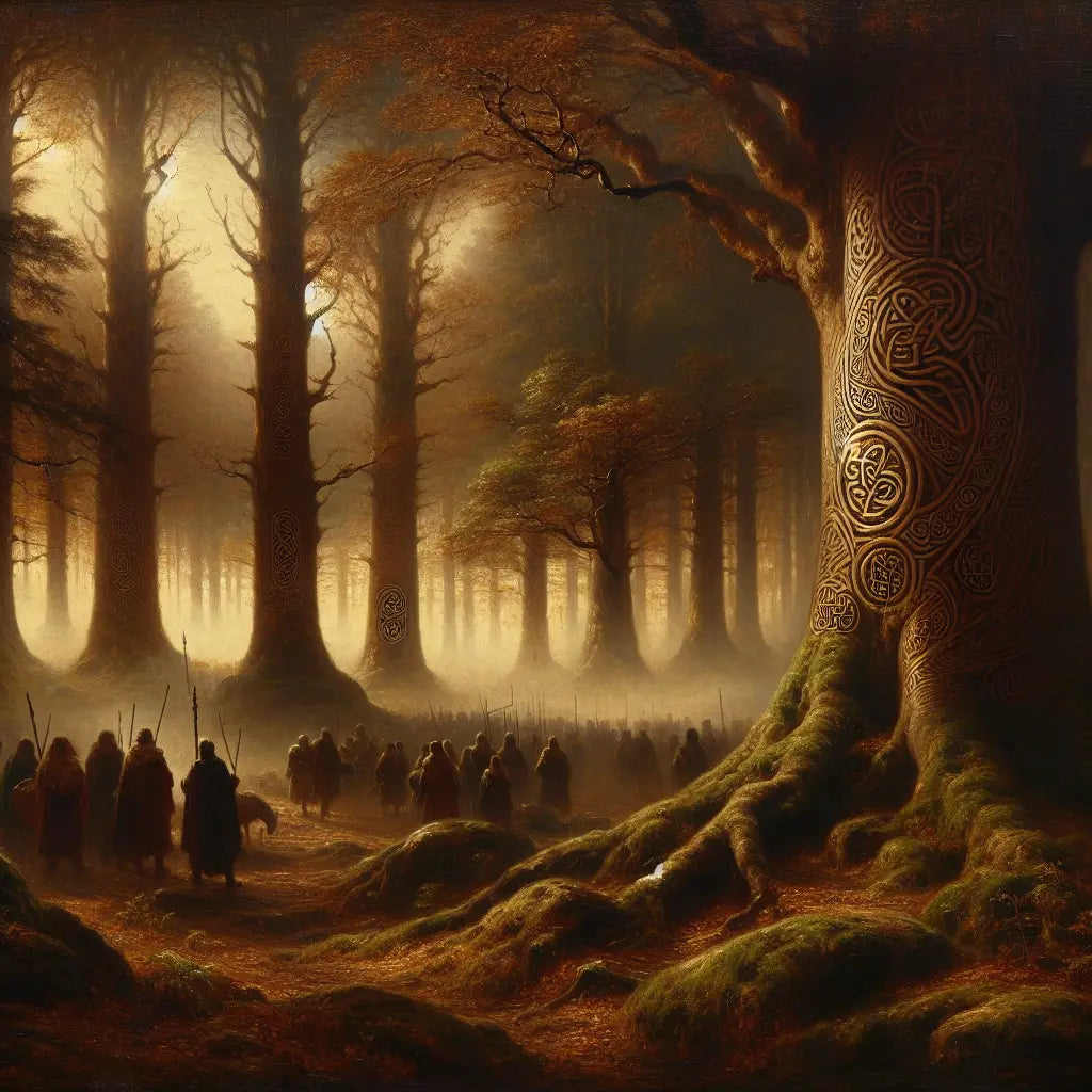 Misty ancient forest with Celtic symbols carved into trees, early morning light casting a mystical glow over tribal figures and nature, styled like a classic 1960s historical epic painting.