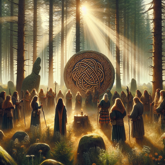 Ancient Celtic knotwork stone surrounded by Celtic druids in traditional Iron Age tribe clothing performing rituals in a misty forest setting, painted in the style of 1960s historical epics.