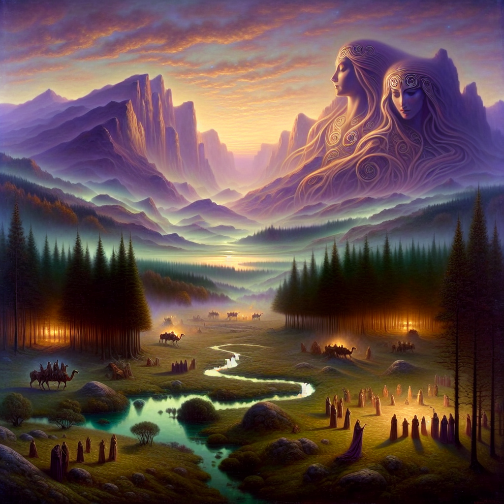 Misty ancient Celtic landscape with twilight sky featuring symbolic Gaelic gods and goddesses intertwined with forests, rivers, and mountains in ethereal forms.