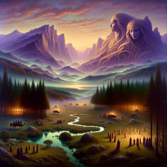 Misty ancient Celtic landscape with twilight sky featuring symbolic Gaelic gods and goddesses intertwined with forests, rivers, and mountains in ethereal forms.