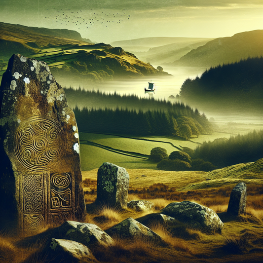 A cinematic painting of an ancient Celtic landscape with rolling hills, stone inscriptions, and a faint Viking longship on misty waters symbolizing Gallic and Norse heritage.