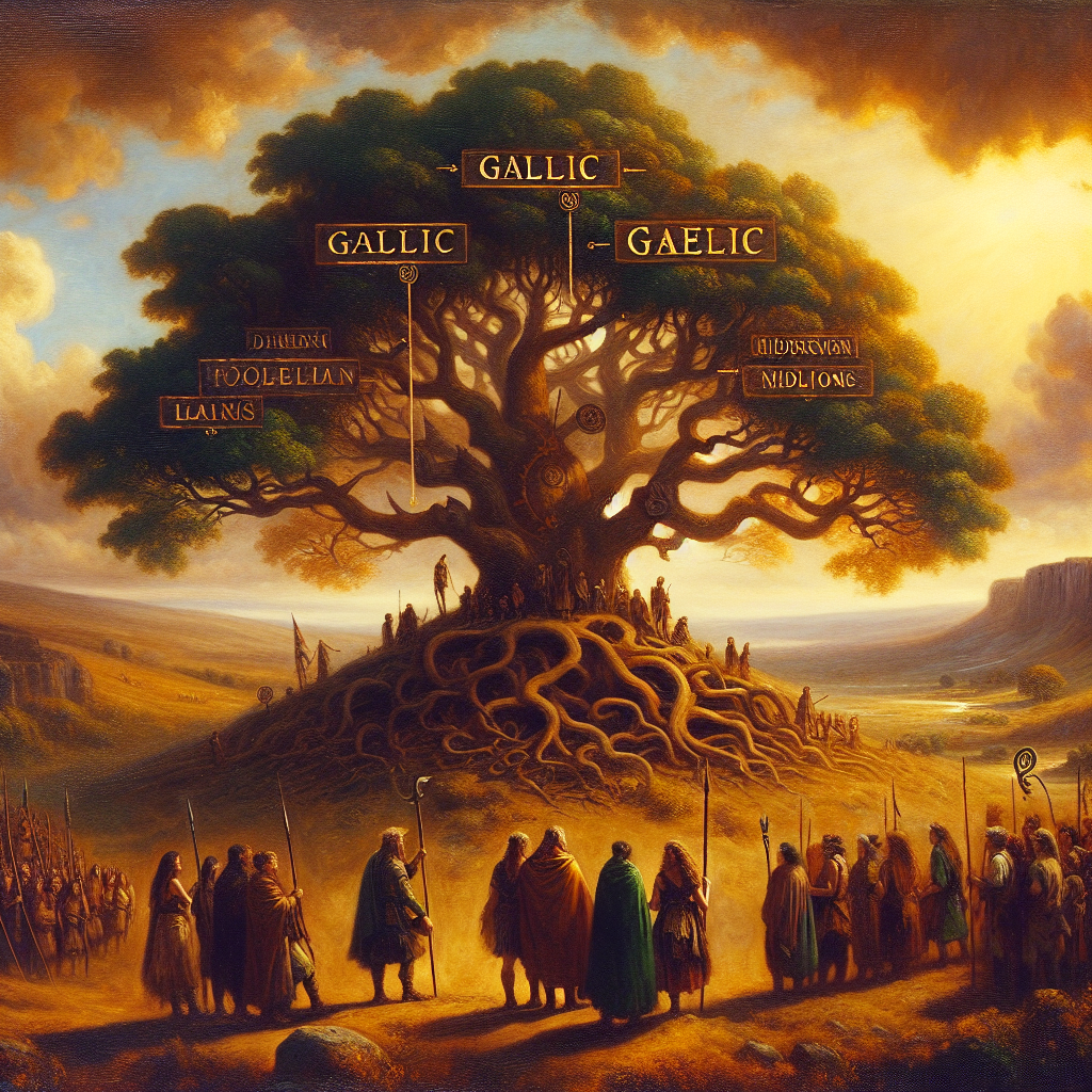 An ancient Celtic tree with two large branches labeled Gallic and Gaelic, set on a hill overlooking a warm-toned panoramic landscape of ancient Europe, painted in a realistic, cinematic 1960s epic style.