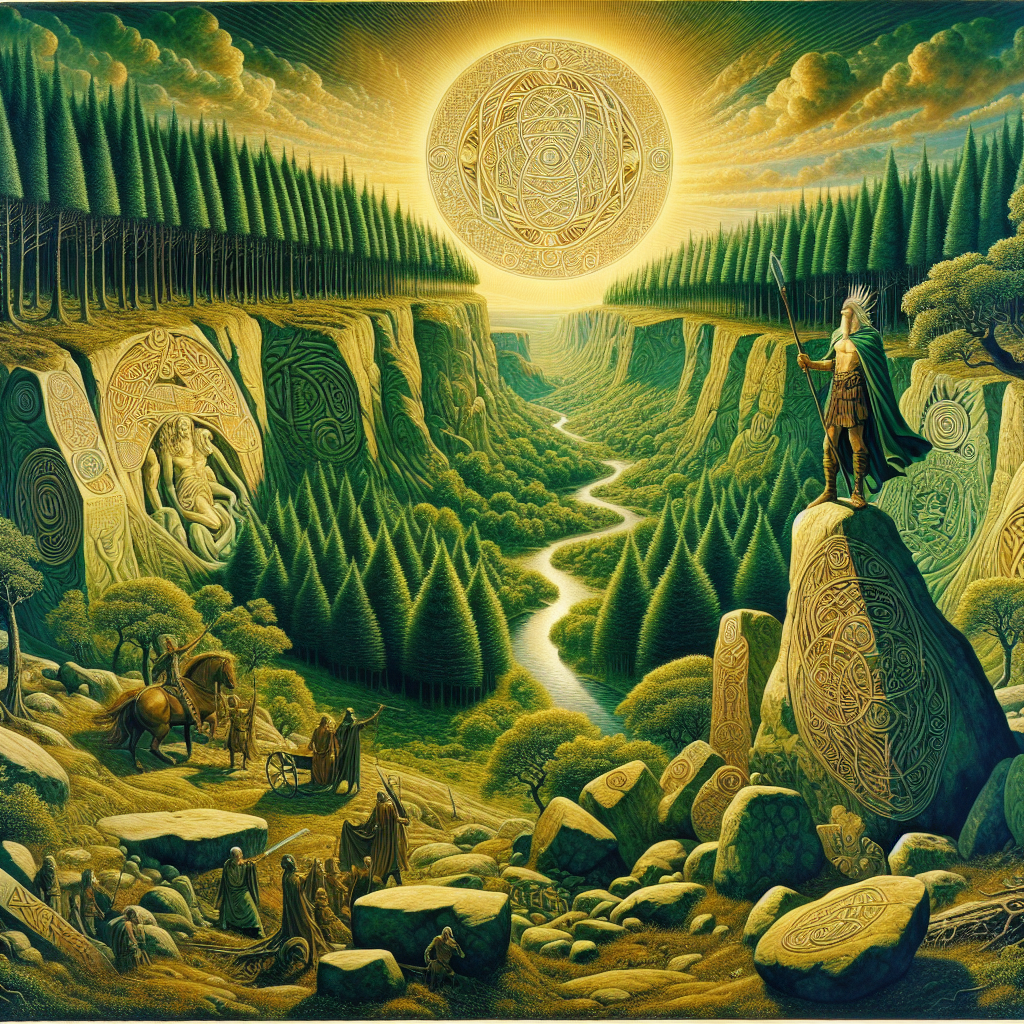 Ancient Celtic tribal landscape with forests, rivers, and symbolic Celtic motifs blending into the French countryside, depicted in the style of classic 1960s historical epics.