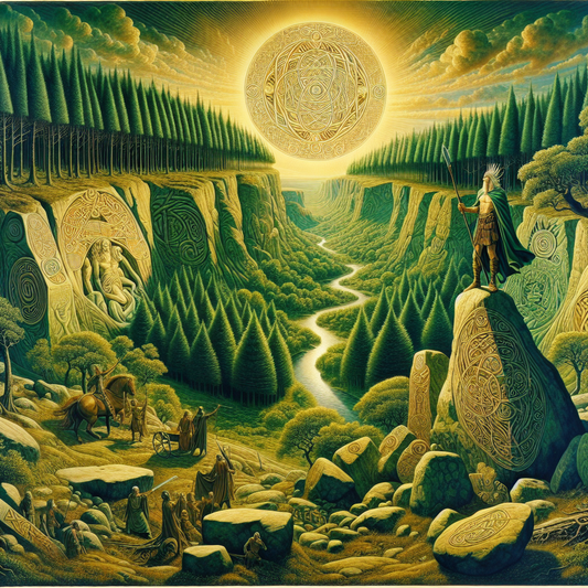 Ancient Celtic tribal landscape with forests, rivers, and symbolic Celtic motifs blending into the French countryside, depicted in the style of classic 1960s historical epics.