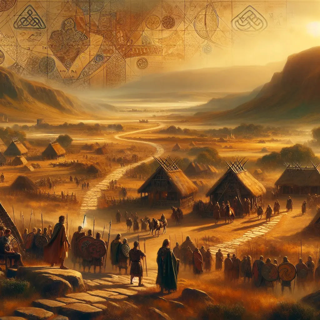 Panoramic scene of ancient Celtic tribes in Gaul with Roman roads and Celtic art motifs in a warm, earthy cinematic painting style inspired by 1960s Roman epics.