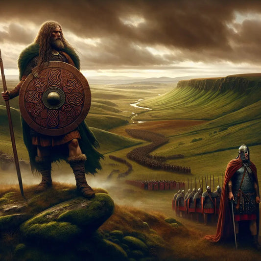 Ancient Celtic warrior standing on green hills in Gallia holding spear and shield, watching a distant Roman legion under dramatic clouds, in a cinematic 1960s historical epic style.