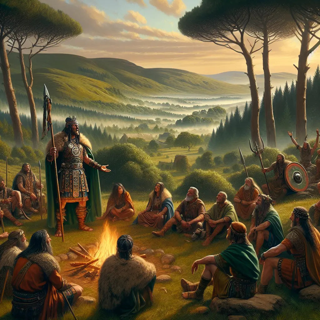 An ancient Celtic warrior speaking Gaulish in a lush landscape of forests and rolling hills with tribal gatherings around fires, depicted in the style of a 1960s historical epic painting.