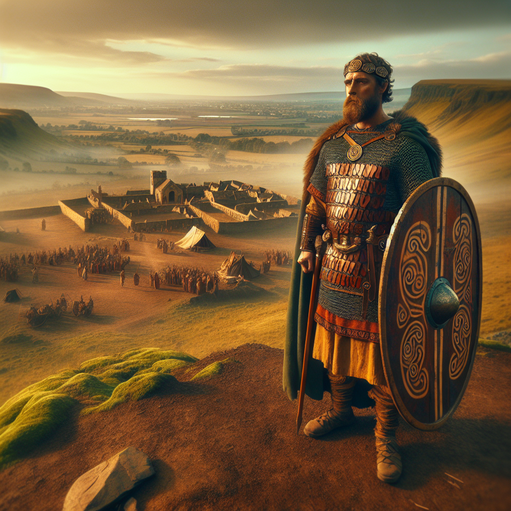 Ancient Celtic warrior standing strong with a Gaulish village and Roman military tents behind, under a faint map of ancient Gaul, painted in a style reminiscent of 1960s historical epics.