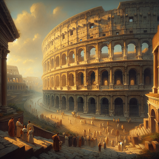 Wide-angle painting of the ancient Roman Colosseum at sunrise, with early tourists in traditional Roman attire exploring its grand arches in warm golden light, styled like a 1960s historical epic film.