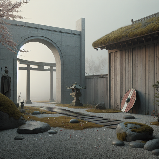 Minimalist serene landscape combining Roman stone arch, Viking longhouse roof, and Japanese torii gate with moss, cherry blossoms, and soft mist — elegant and culturally harmonious.