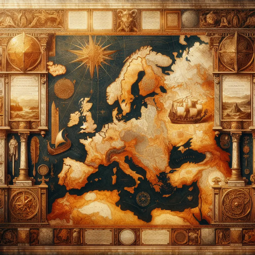 An ancient map of Europe styled as a cinematic Roman painting showing genetic and migration routes from Germania to French, Dutch, and Scandinavian regions, with symbolic Viking longships and shields.