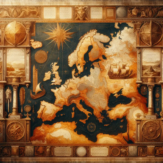 An ancient map of Europe styled as a cinematic Roman painting showing genetic and migration routes from Germania to French, Dutch, and Scandinavian regions, with symbolic Viking longships and shields.
