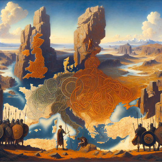 Artistic, cinematic oil painting map showing ancient Gallic and Celtic regions across Europe with symbolic Celtic knots, warrior silhouettes, and traditional shields, rendered in warm earth tones and rustic historic style.