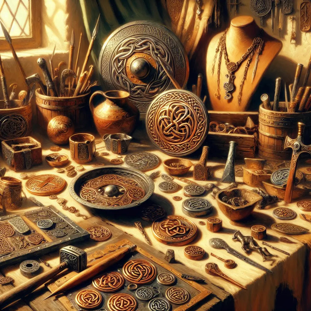 Close-up of ancient Gallic ironwork and jewelry engraved with Celtic knots and animal motifs, rendered in warm earthy tones with high historical detail.