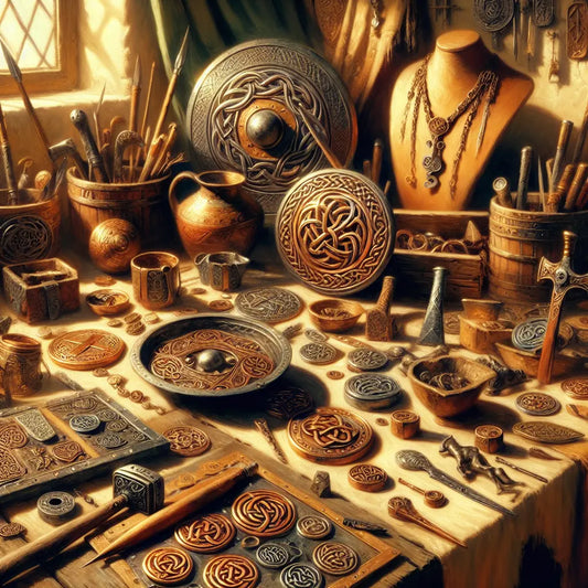 Close-up of ancient Gallic ironwork and jewelry engraved with Celtic knots and animal motifs, rendered in warm earthy tones with high historical detail.