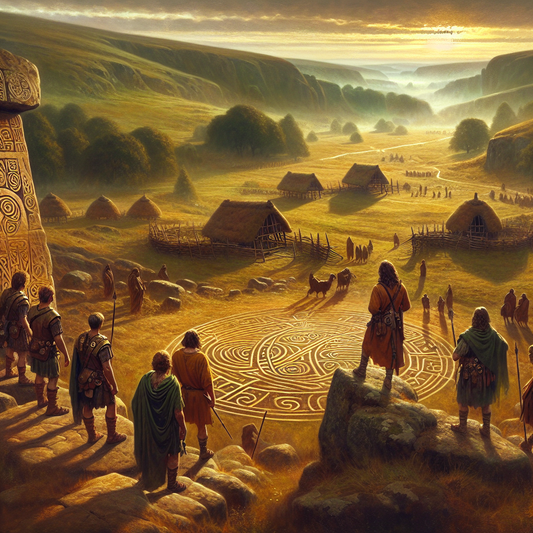 A misty ancient Gallic landscape with rolling hills, faintly glowing Celtic tribal symbols, and a small group of Roman scouts and Gallic tribesmen under warm daylight, rendered in the style of classic 1960s Roman historical epics.
